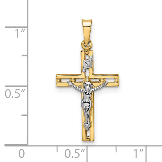 Colgante de crucifijo INRI sólido pulido en dos tonos de 14 k