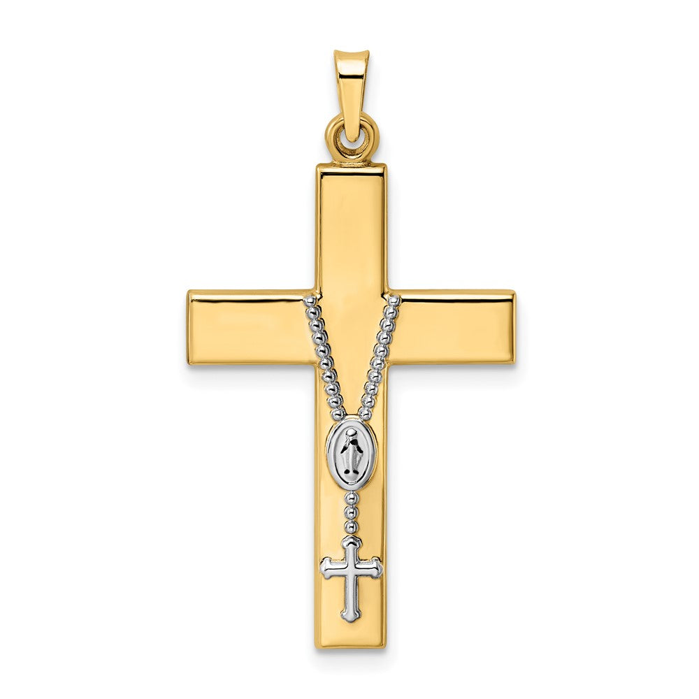 Colgante de cruz de rosario hueco pulido en dos tonos de 14 k