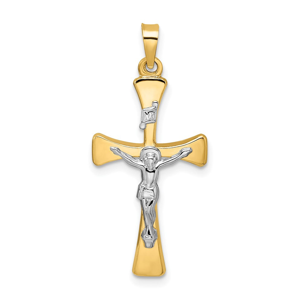 Colgante de cruz de crucifijo INRI hueco pulido en dos tonos de 14 k