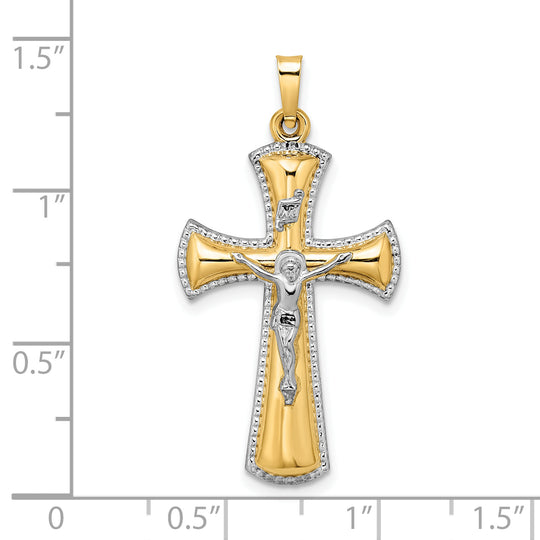 Colgante de crucifijo INRI hueco de rodio blanco y dos tonos de 14 k