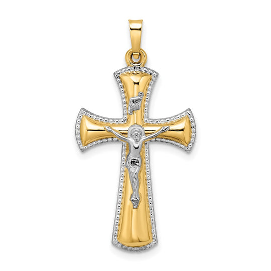 Colgante de crucifijo INRI hueco de rodio blanco y dos tonos de 14 k