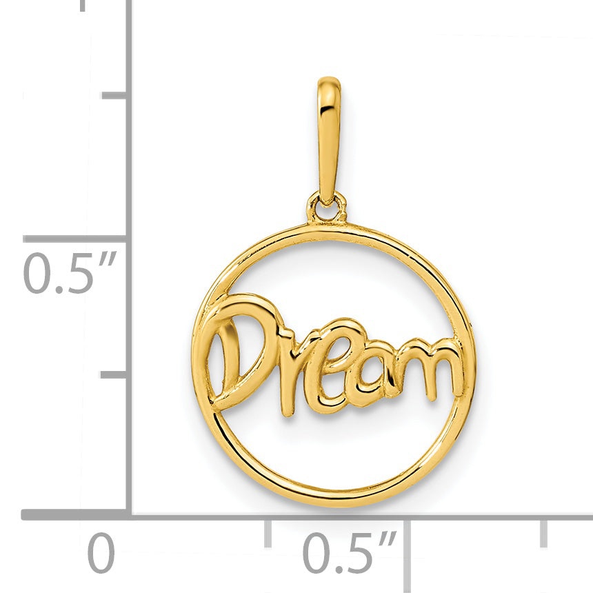 Colgante de Círculo Pulido con la Palabra "DREAM" en Oro de 14k