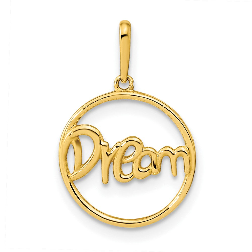 Colgante de Círculo Pulido con la Palabra "DREAM" en Oro de 14k