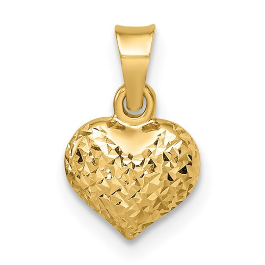 Dije Pequeño en Forma de Corazón Repujado con Corte de Diamante en Oro Amarillo de 14k