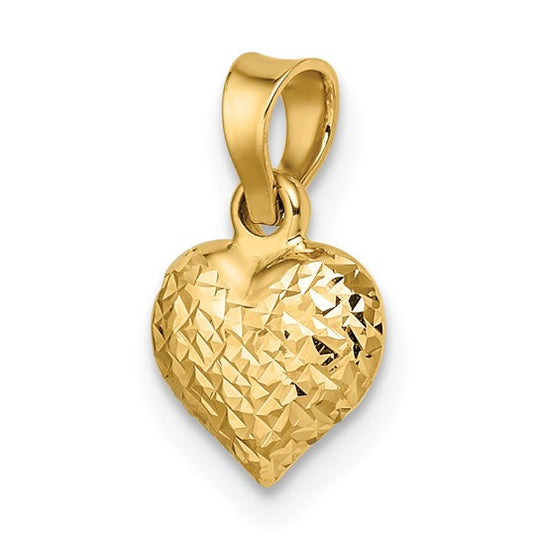 Dije Pequeño en Forma de Corazón Repujado con Corte de Diamante en Oro Amarillo de 14k