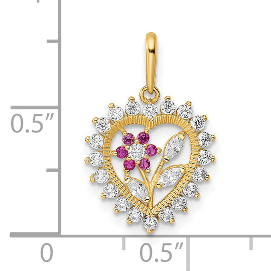 Colgante de Corazón con Flores en CZ Blanco y Rosa Pulido en Oro Amarillo 14K