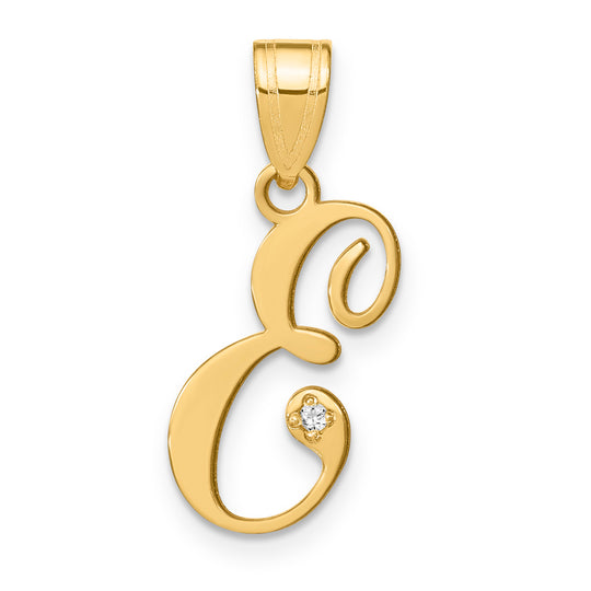 Dije con la Inicial "E" en Estilo Cursiva en Oro Amarillo de 14k con Diamante