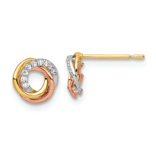 Aretes de Poste Circular con Circonita en Oro Tricolor de 14k