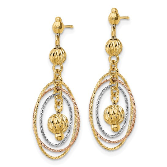 Aretes de Cuentas con Talla Diamante y Círculos Abiertos en Oro Tricolor de 14k