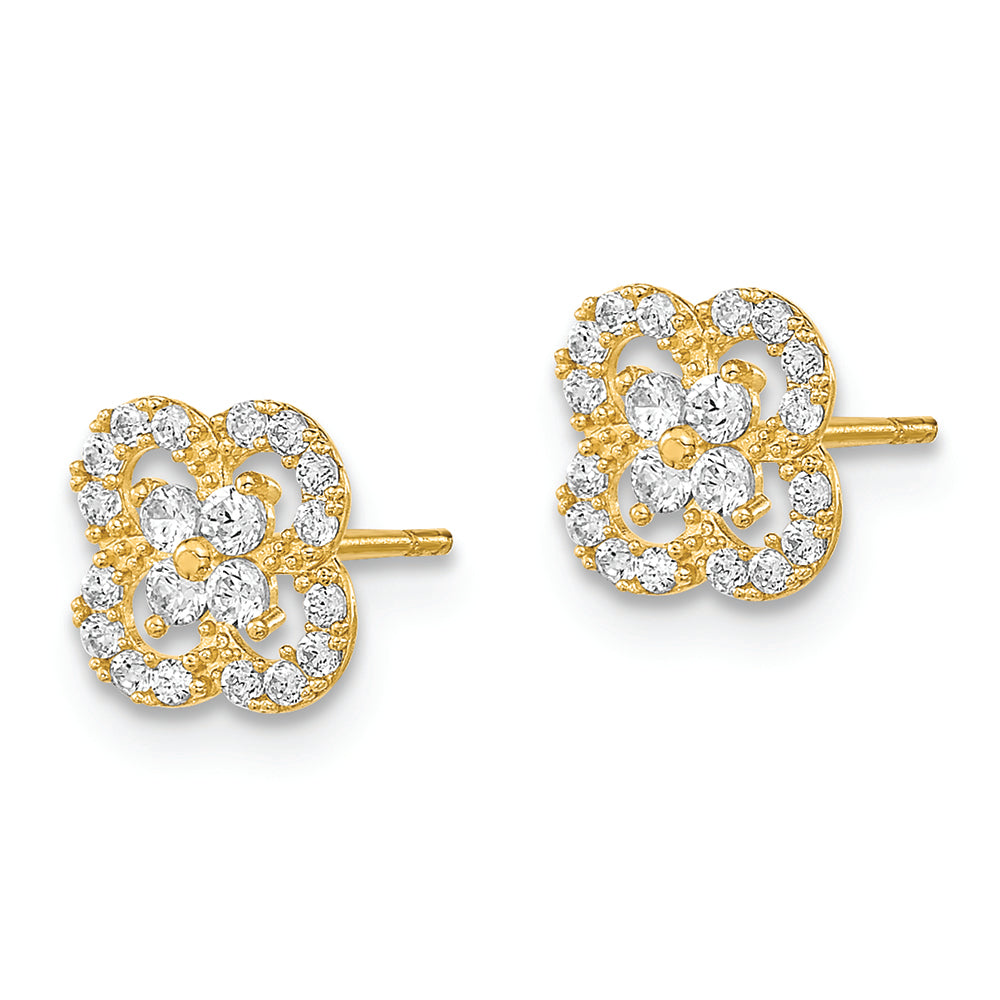 Aretes con Poste de Circonita Cúbica y Flor Pulida en Oro de 14k