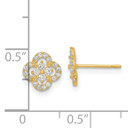 Aretes con Poste de Circonita Cúbica y Flor Pulida en Oro de 14k