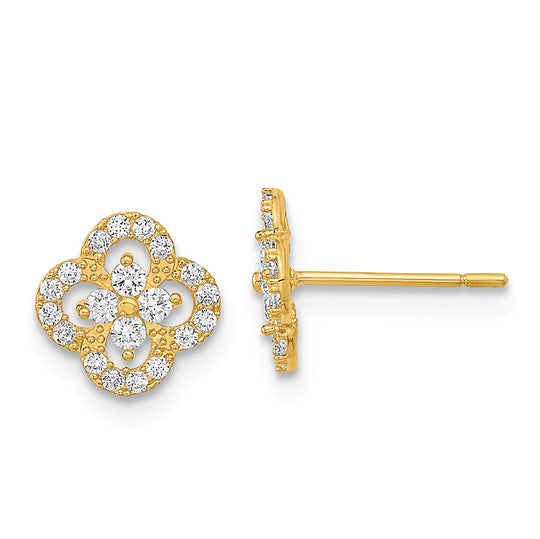 Aretes con Poste de Circonita Cúbica y Flor Pulida en Oro de 14k