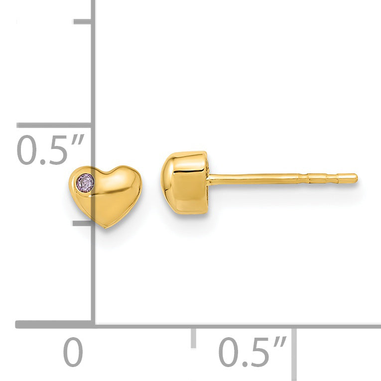 Aretes de Corazón Pulido en Oro 14k con Circonita Cúbica