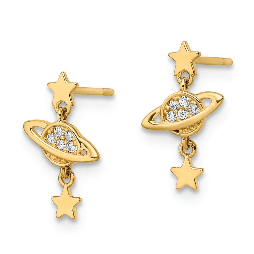 Aretes Colgantes con Circonita Cúbica de Saturno y Estrellas en Oro de 14K