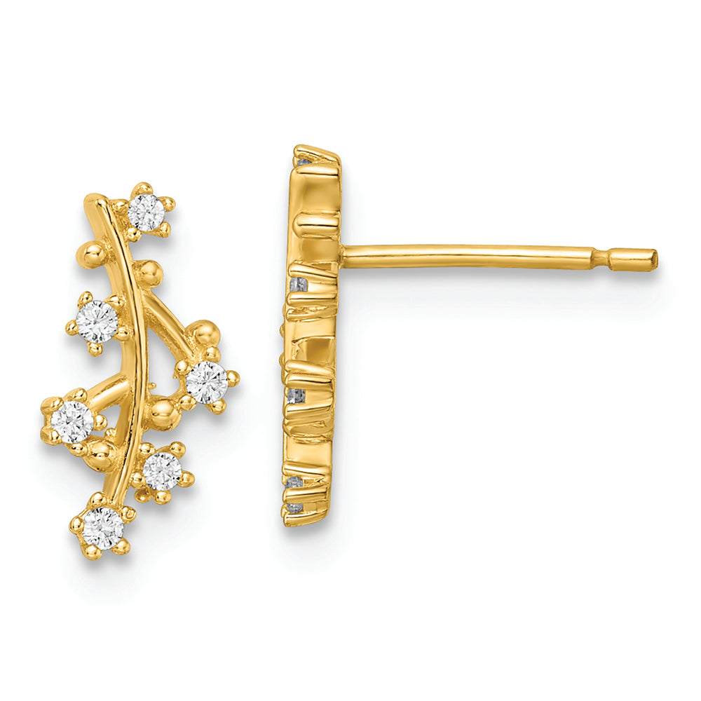 Aretes en Forma de Rama de Árbol con Circonita Cúbica Pulida en Oro Amarillo de 14k