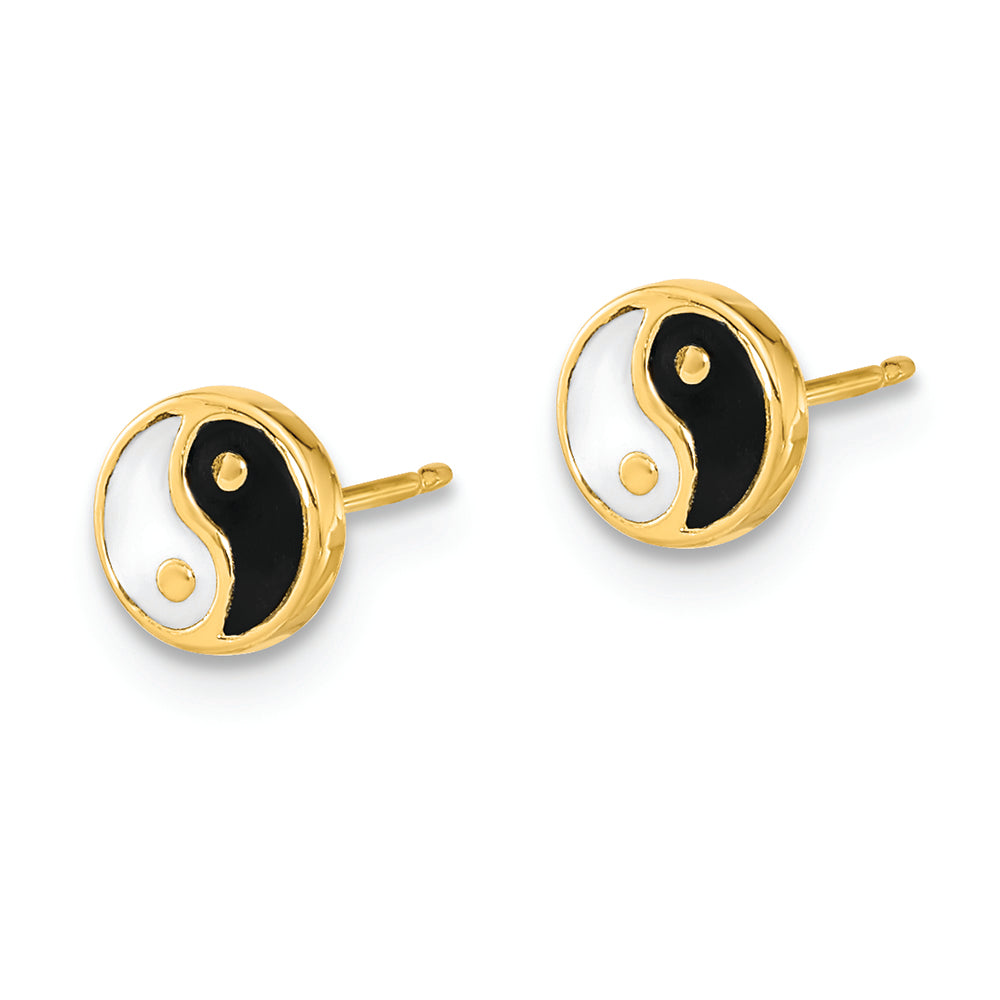 Pendientes de poste Yin y Yang esmaltados en blanco y negro de oro de 14 quilates