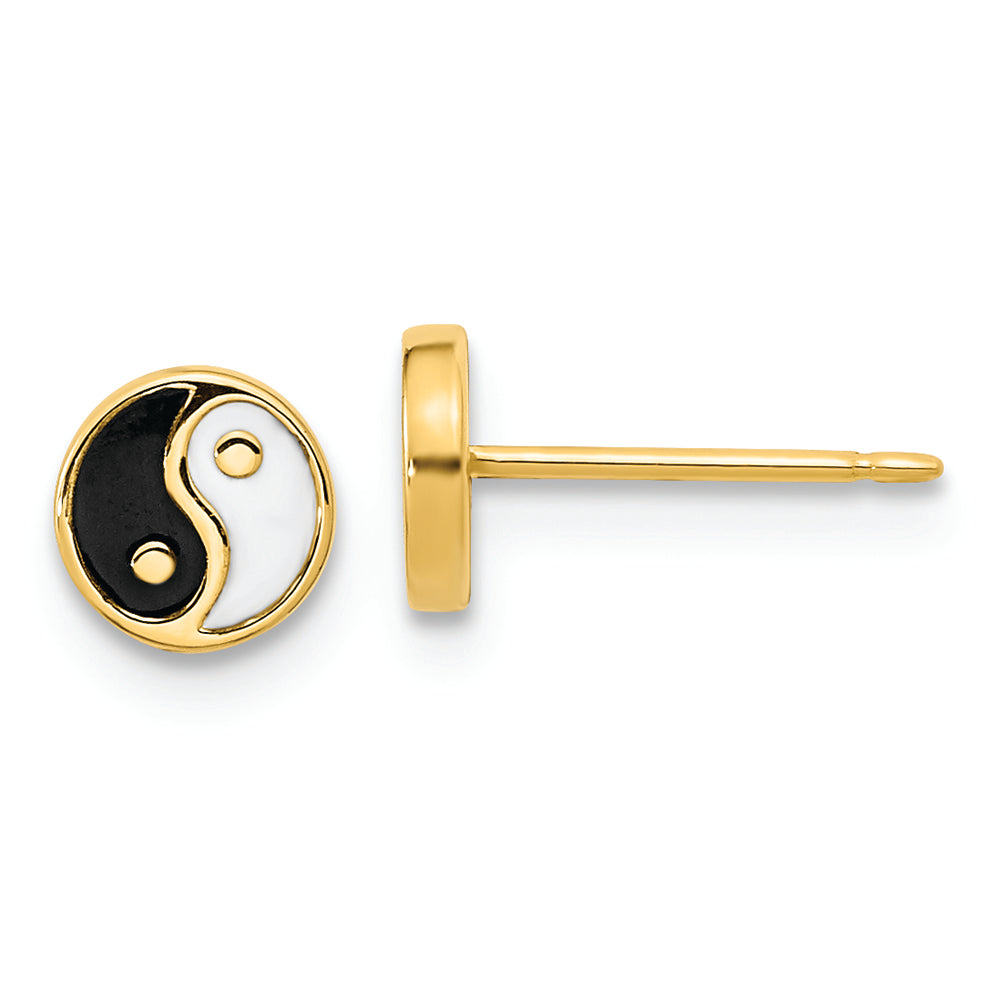 Pendientes de poste Yin y Yang esmaltados en blanco y negro de oro de 14 quilates