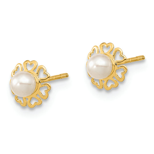 Aretes en Forma de Poste con Perla Cultivada FW y Pétalos de Corazón en Oro de 14k