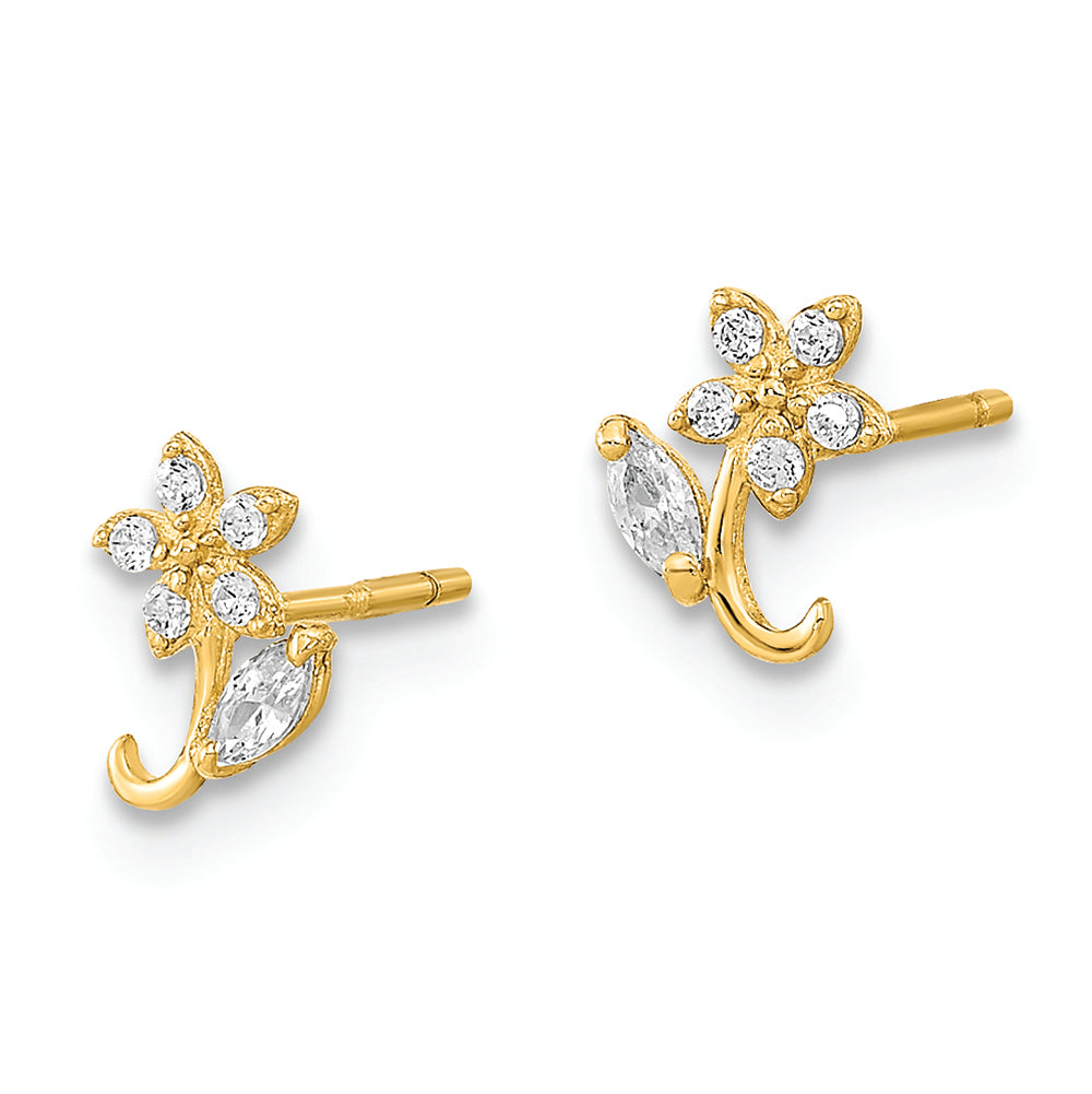 Aretes con Poste de Circonita Cúbica y Flor Pulida en Oro de 14k