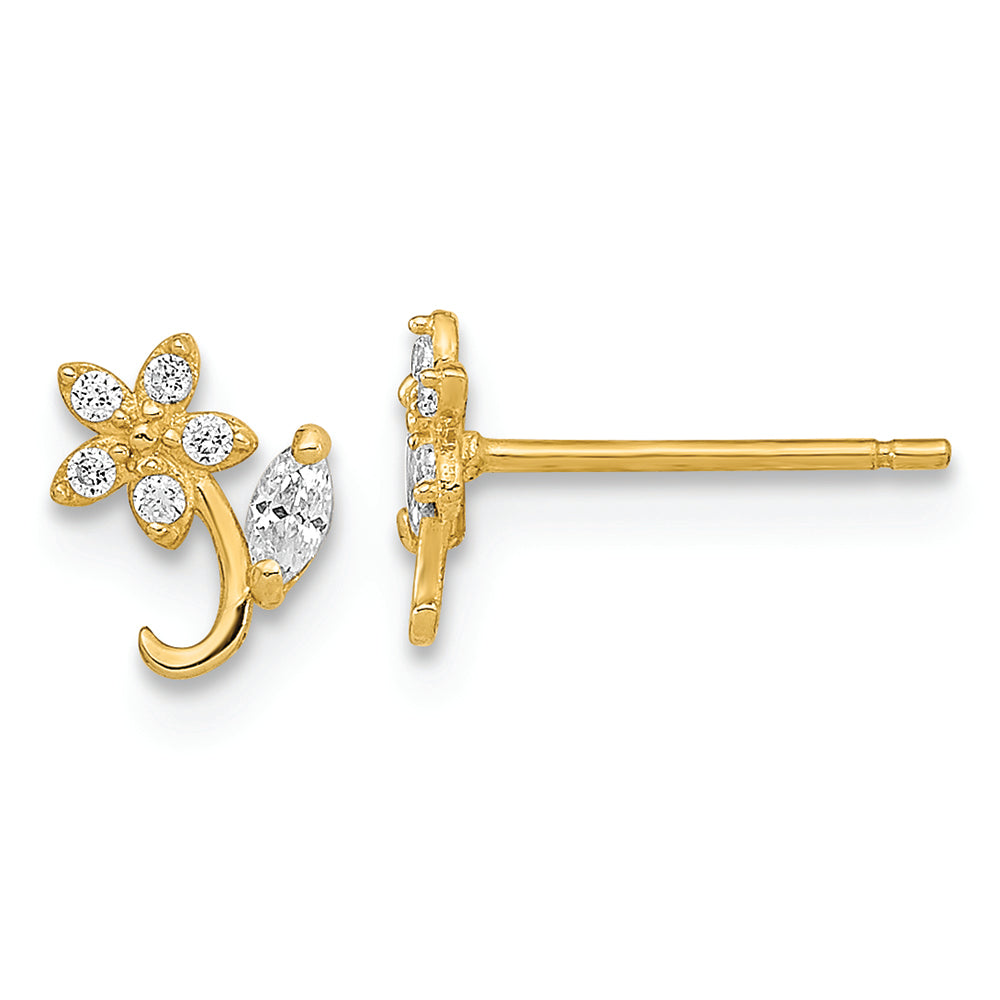 Aretes con Poste de Circonita Cúbica y Flor Pulida en Oro de 14k