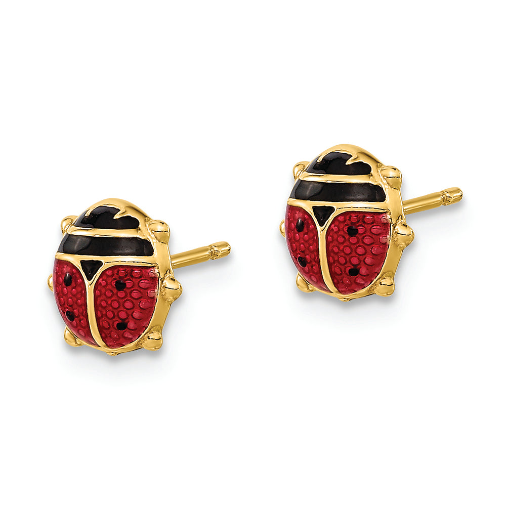 Pendientes con poste de mariquita esmaltados en oro rojo/negro de 14 quilates