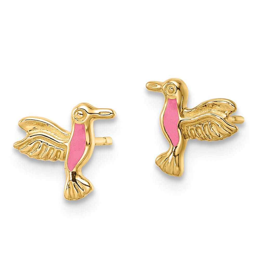 Aretes con Poste de Colibrí Esmaltado en Oro de 14k