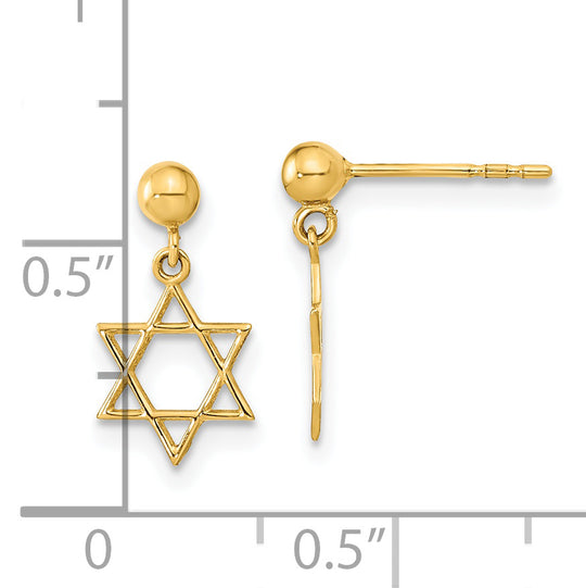 Pendientes colgantes con forma de estrella de David pulida de 14 quilates