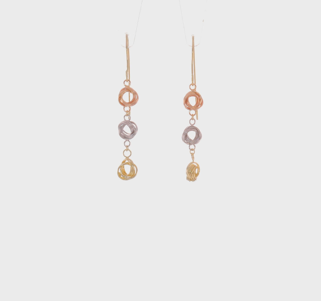 Aretes Colgantes de Nudo de Amor en Oro de 14K Tricolor