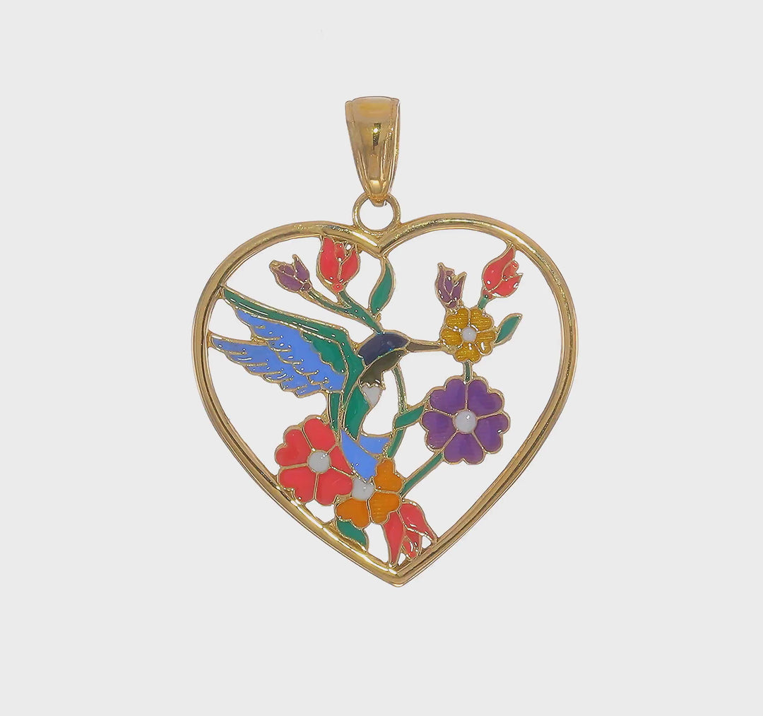 Colgante de Corazón con Colibrí Esmaltado y Flores en Oro Amarillo de 14K