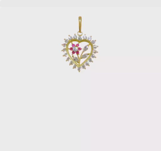 Colgante de Corazón con Flores en CZ Blanco y Rosa Pulido en Oro Amarillo 14K