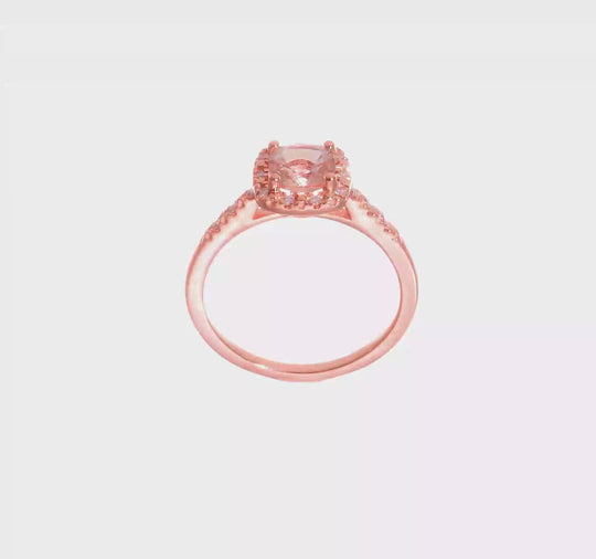 Anillo de Compromiso Completo Blooming Bridal en Oro Rosa de 14k con Halo, Morganita de Corte Cojín de 6.00 mm y Diamante de 1/15 Quilates