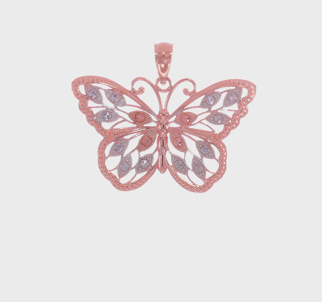 Dije de Mariposa en Oro Rosa de 14K con Corte Diamante y Rodio